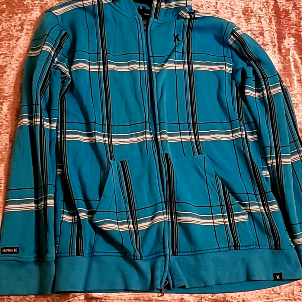 Men's Full Zip Hoodie XL Teal Blue White Strips